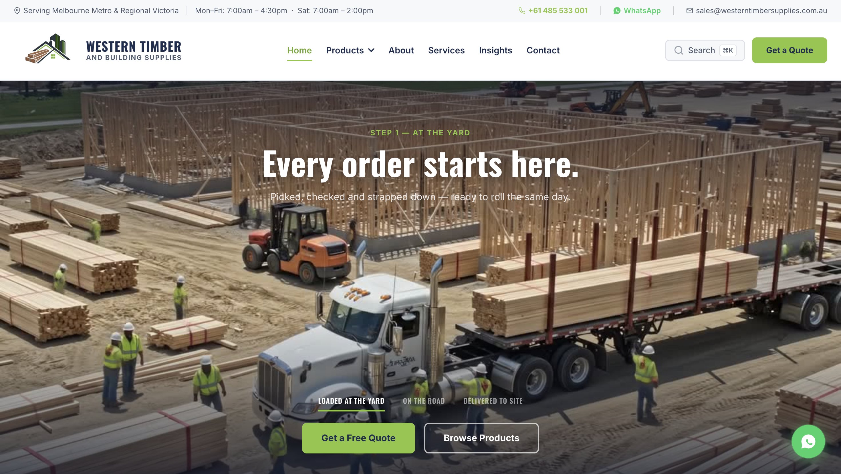 Western Timber and Building Supplies home interface showing a timber yard and direct quote actions